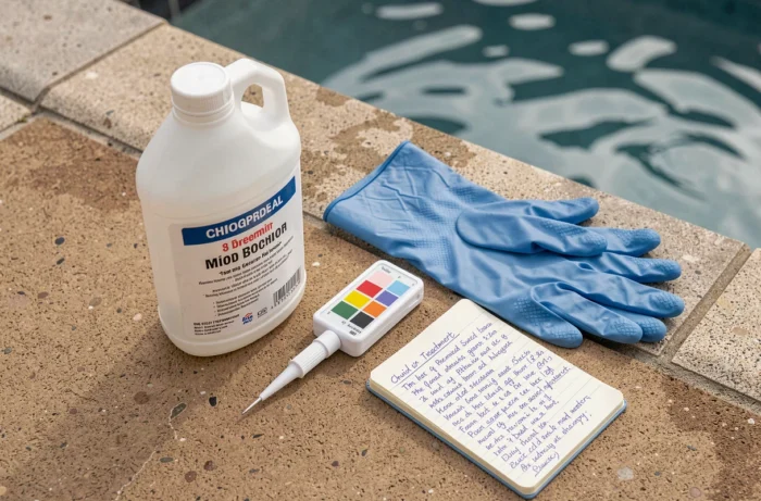 Kit de test pH, gants de protection et bouteille de javel posés sur le bord d'une piscine pour traitement chimique de l'eau