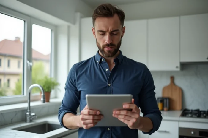 Homme consultant le portail MyFoncia sur une tablette dans sa cuisine, résolvant une erreur de connexion
