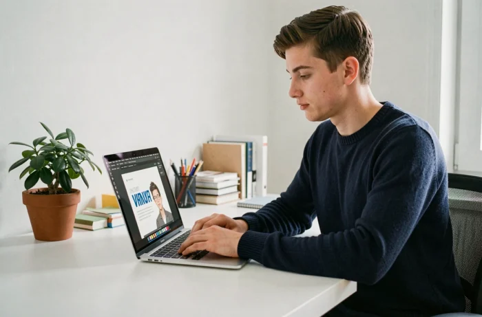 Étudiant en train de créer une page de garde de rapport de stage sur son ordinateur portable à domicile