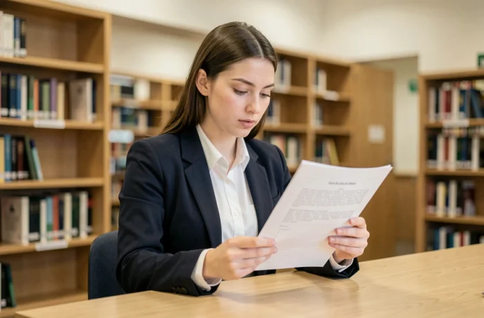 Étudiante relisant la page de garde de son rapport de stage à la bibliothèque universitaire