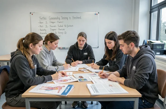 Étudiants ambulanciers en formation théorique dans une salle de cours en Belgique, étudiant des manuels médicaux