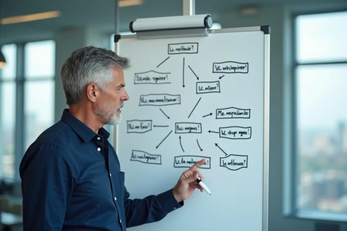 Expert en référencement présentant la structure d'un sitemap sur un tableau blanc en salle de réunion