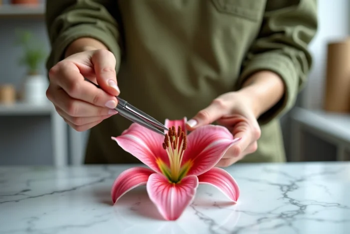 Mains utilisant une pince à épiler pour extraire les étamines d'un lys rose Oriental sur un plan de travail en marbre