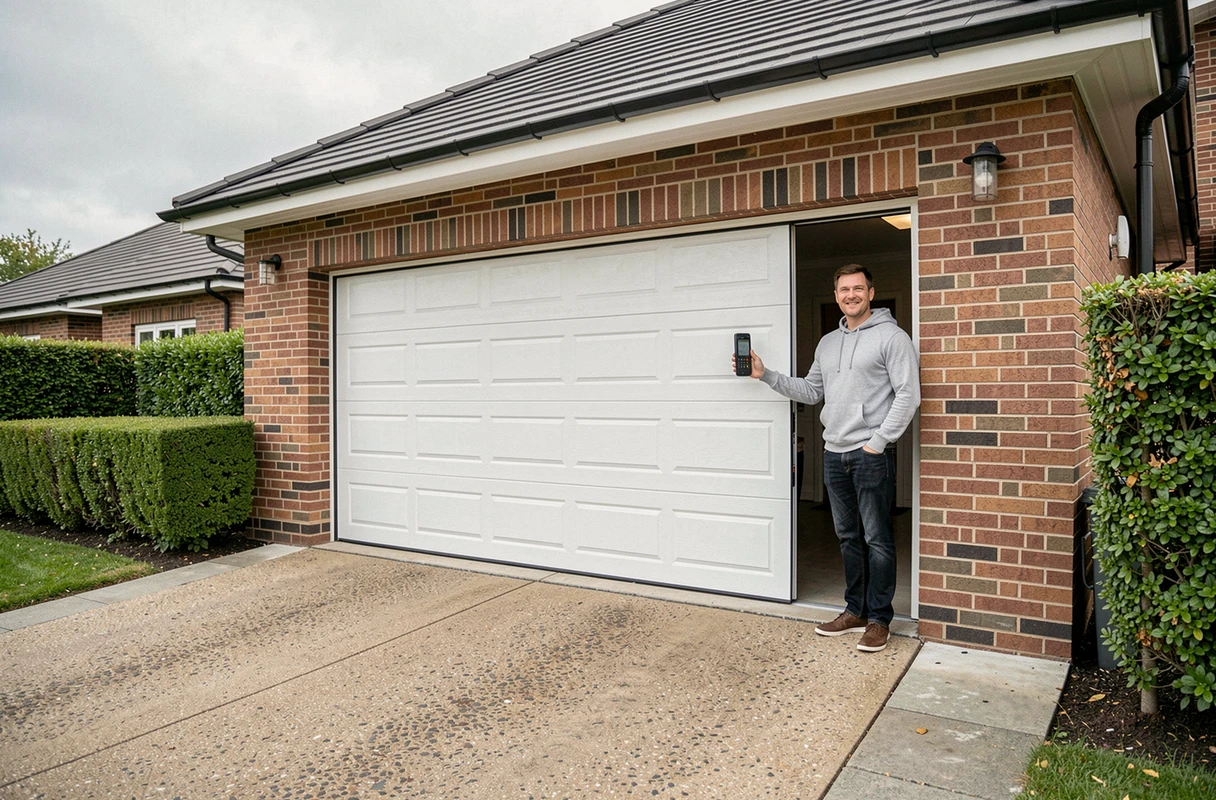 Façade de maison individuelle avec une porte de garage sectionnelle motorisée blanche nouvellement installée