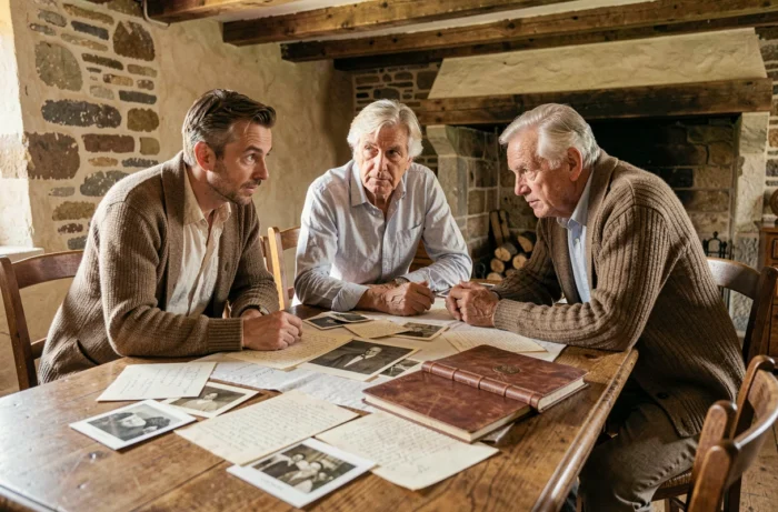 Famille française multigénérationnelle examinant de vieilles photographies et documents généalogiques autour d'une table en chêne dans une ferme normande