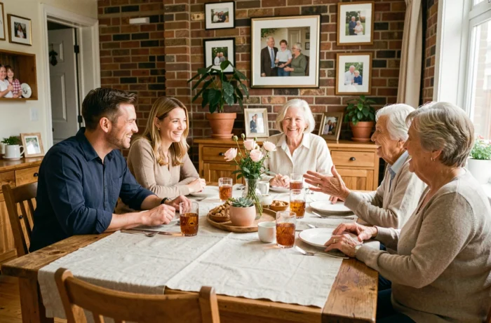 Famille multigénérationnelle réunie autour d'une table en bois, illustrant les liens familiaux entre oncles, tantes, nièces et leurs conjoints