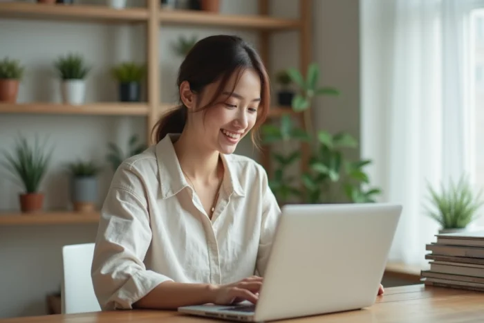 Jeune femme consultant les dernières actualités et tendances d'un blog sur son ordinateur portable dans un bureau moderne