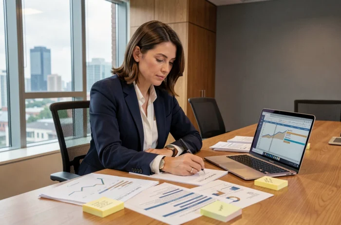 Femme d'affaires professionnelle annotant un business plan détaillé sur un bureau en bois dans un bureau moderne avec vue urbaine