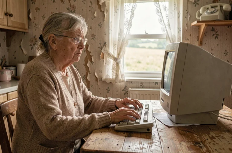 Une femme âgée en milieu rural face à un ordinateur obsolète, illustrant la fracture numérique et les inégalités d'accès à Internet