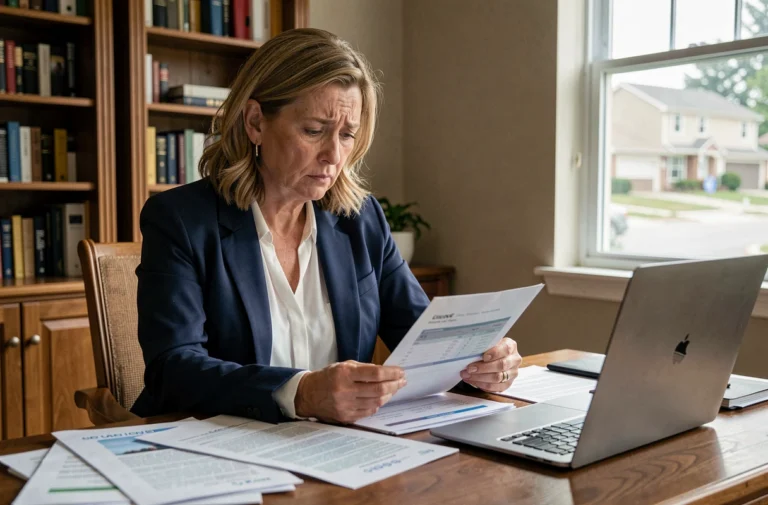 Femme d'une cinquantaine d'années examinant des relevés bancaires à son bureau à domicile, exprimant une inquiétude face à la situation financière de sa banque en 2025