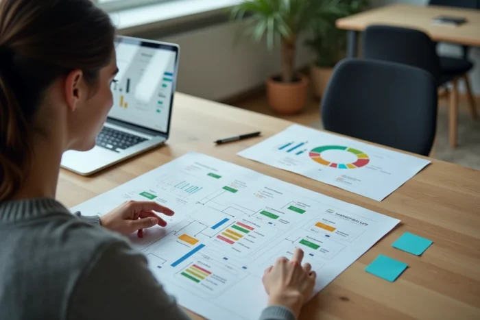 Professionnelle analysant un sitemap imprimé sur son bureau pour optimiser la navigation d'un site web
