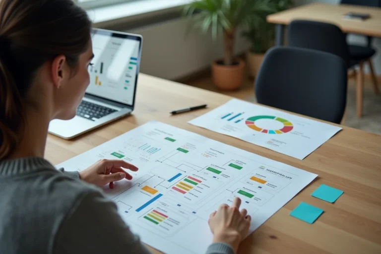 Professionnelle analysant un sitemap imprimé sur son bureau pour optimiser la navigation d'un site web