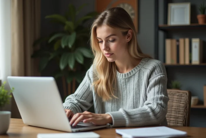 Femme déposant une annonce gratuite en ligne sur son ordinateur portable depuis son bureau à domicile