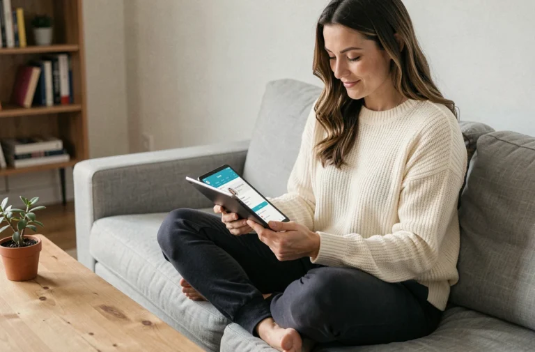 Femme utilisant une application de bien-être mental sur une tablette, assise confortablement dans un salon minimaliste