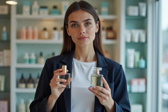 Femme comparant deux flacons de parfum dupe et original dans une boutique beauté moderne