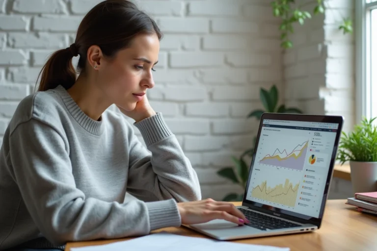 Femme entrepreneur analysant les performances de son business en ligne sur un ordinateur portable dans un bureau minimaliste à domicile