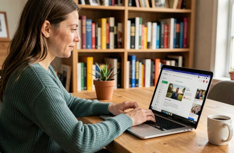 Femme parcourant le contenu du site Eklectik sur un ordinateur portable dans un bureau à domicile chaleureux