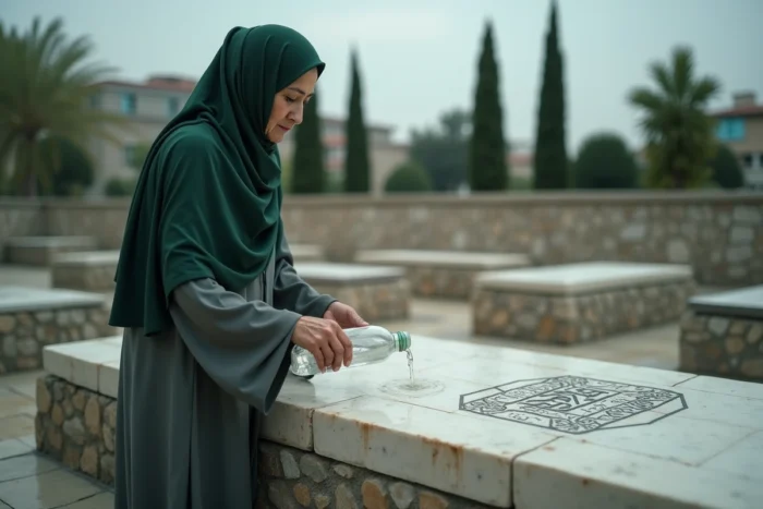 Femme âgée en hijab versant de l'eau sur une pierre tombale islamique gravée en arabe dans un cimetière urbain