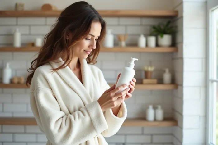Femme lisant l'étiquette d'un shampoing dans une salle de bain minimaliste pour choisir un produit bien noté sur Yuka