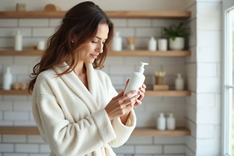 Femme lisant l'étiquette d'un shampoing dans une salle de bain minimaliste pour choisir un produit bien noté sur Yuka