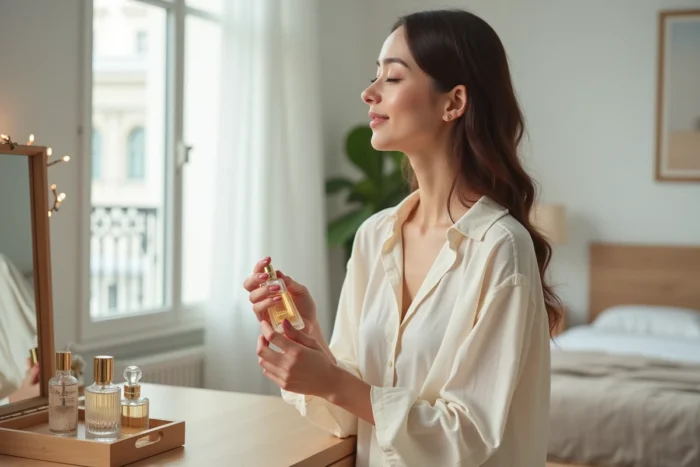 Jeune femme tenant un flacon de parfum dupe Adopt devant sa coiffeuse dans un appartement parisien épuré