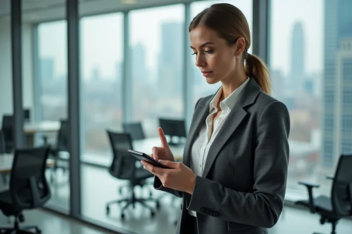 Femme professionnelle utilisant une application mobile dans un bureau moderne en milieu urbain