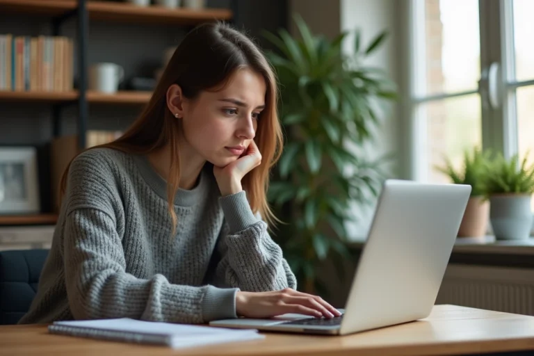 Femme cherchant une alternative de site sur son ordinateur portable à son bureau à domicile