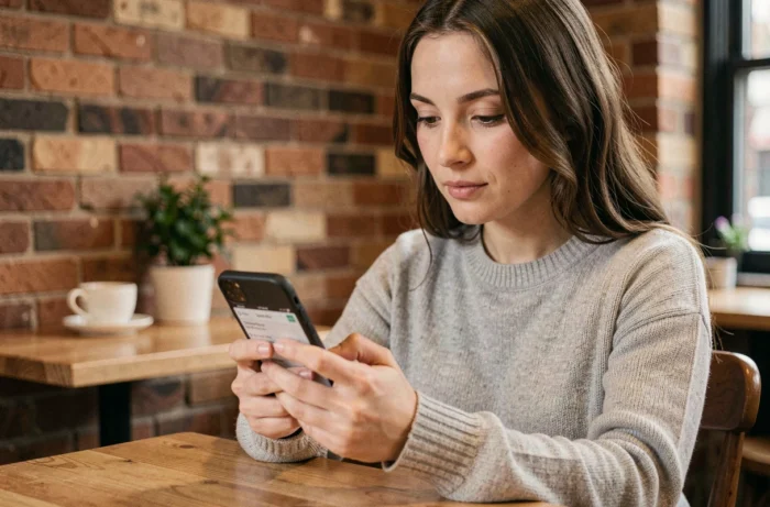 Jeune femme accédant à une application mobile sur son smartphone dans un café urbain