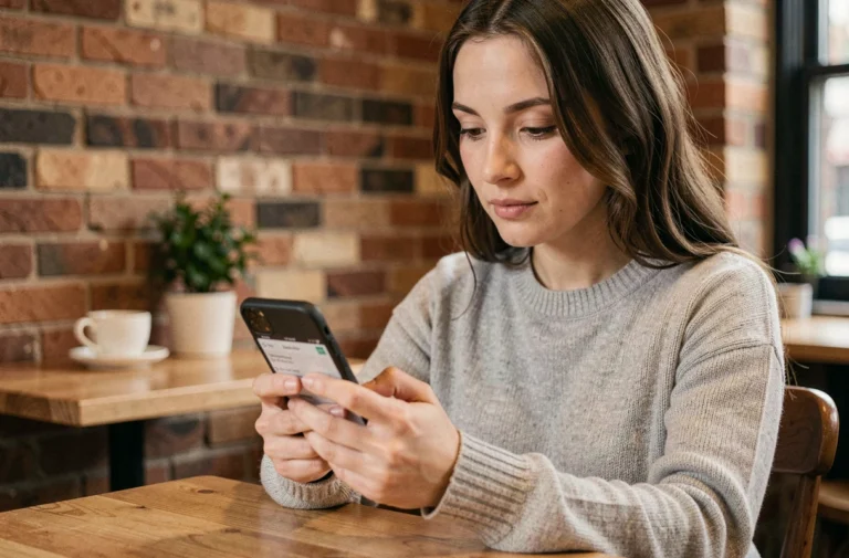 Jeune femme accédant à une application mobile sur son smartphone dans un café urbain