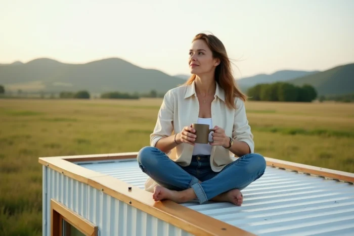 Femme assise sur la terrasse d'une tiny house sur roues dans un pré, mode de vie alternatif et liberté en petite maison mobile