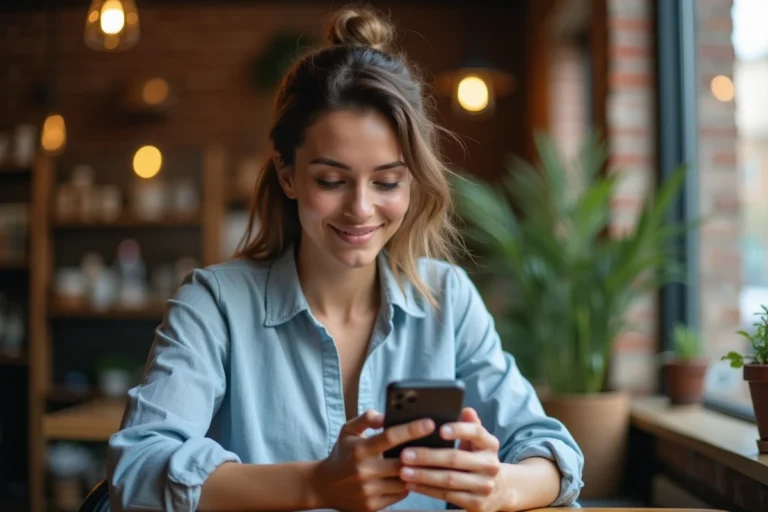Jeune femme utilisant une application mobile sur smartphone dans un café urbain