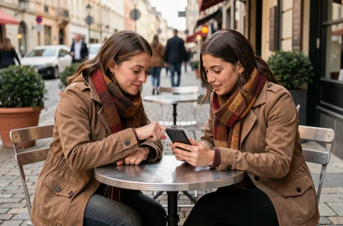 Deux femmes partageant des ressources de bien-être mental sur un smartphone dans un café en plein air