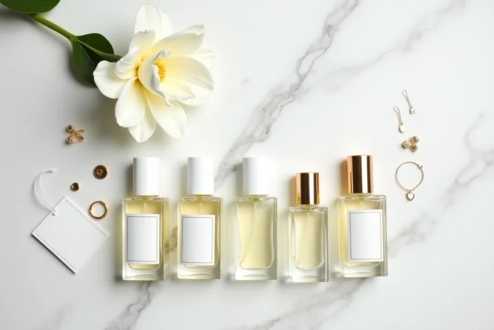 Flatlay de flacons de parfums dupes Adopt sur marbre blanc avec fleur et bijoux dorés