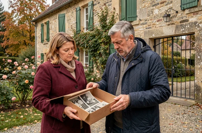 Deux frères et sœurs français d'âge mûr devant une maison familiale en pierre ancienne, examinant de vieilles photographies dans une boîte d'archives