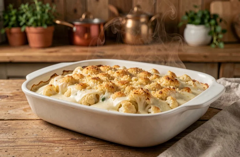 Gratin de chou-fleur à la béchamel dans un plat en céramique blanche prêt à être congelé sur un plan de travail en bois
