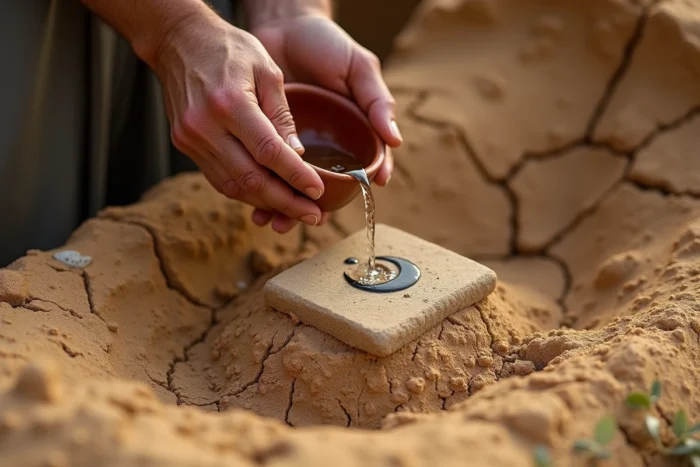 Gros plan de mains versant de l'eau sur une tombe musulmane dans un sol sableux aride