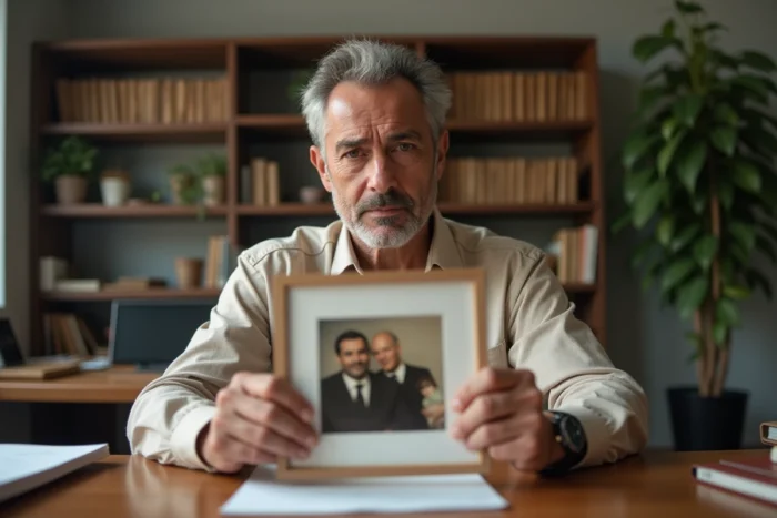Homme d'âge moyen examinant une vieille photo de famille encadrée dans un bureau juridique, évoquant une affaire d'héritage