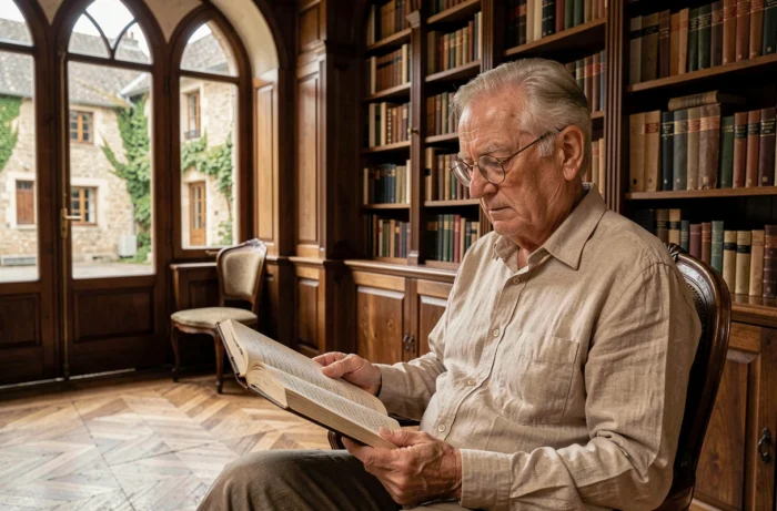 Homme âgé français consultant un registre généalogique ancien dans une bibliothèque de village aux rayonnages en bois sombre