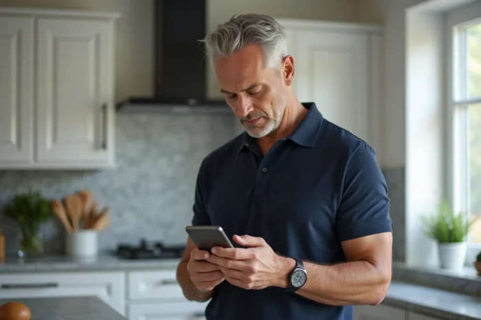 Homme utilisant son smartphone pour publier une annonce classée gratuite depuis sa cuisine