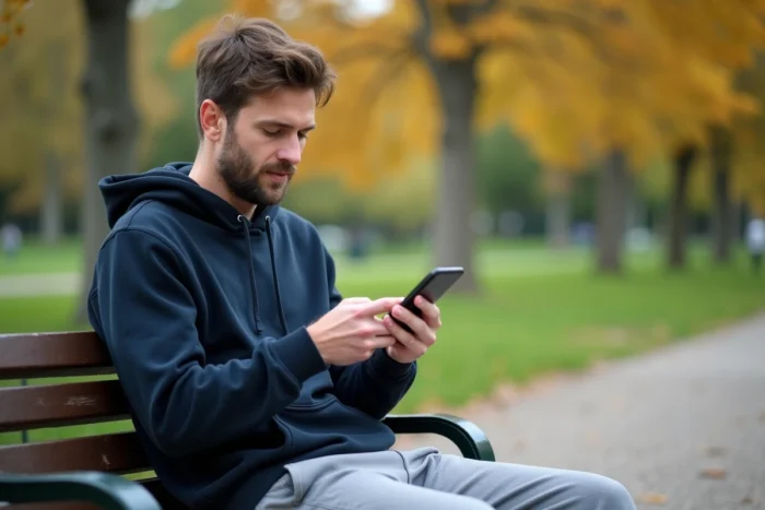 Homme consultant une application sur son téléphone mobile assis dans un parc en automne