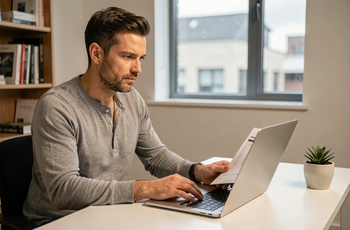 Homme comparant des offres de prêt immobilier sur son ordinateur à son bureau