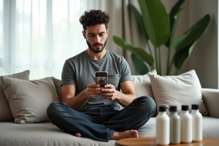 Homme comparant des shampoings avec l'application Yuka sur smartphone dans un salon moderne