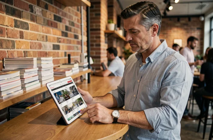 Homme consultant les pages et contenus variés d'Eklectik sur une tablette dans un café urbain