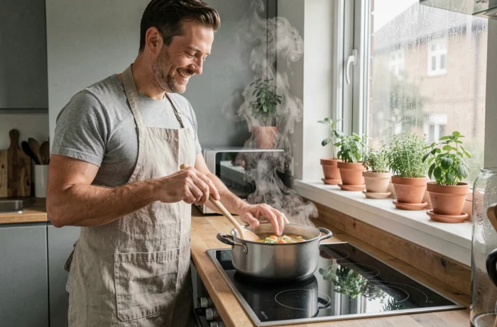 Homme en tablier préparant une soupe maison sur une cuisinière moderne dans une cuisine contemporaine lumineuse