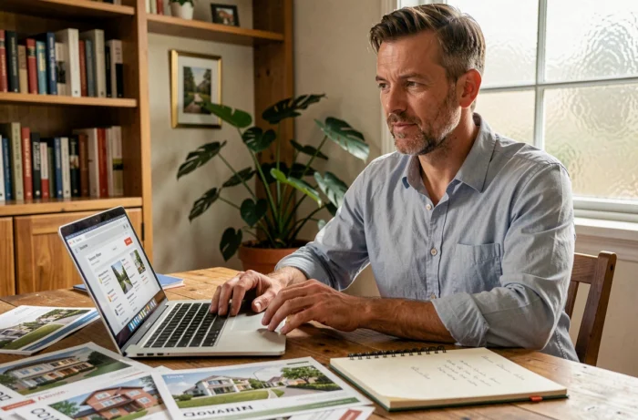 Homme comparant des annonces immobilières en ligne depuis son domicile, entouré de brochures et de notes manuscrites