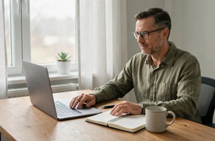 Homme consultant des ressources de santé mentale en ligne sur un ordinateur portable dans un bureau à domicile