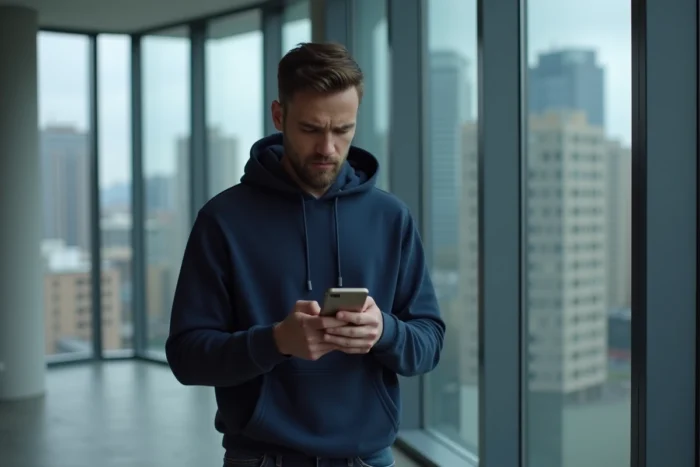 Homme consultant son smartphone pour trouver un site miroir ou une adresse URL alternative