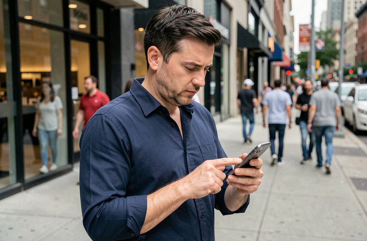 Homme consultant une application sur son téléphone mobile dans une rue de la ville