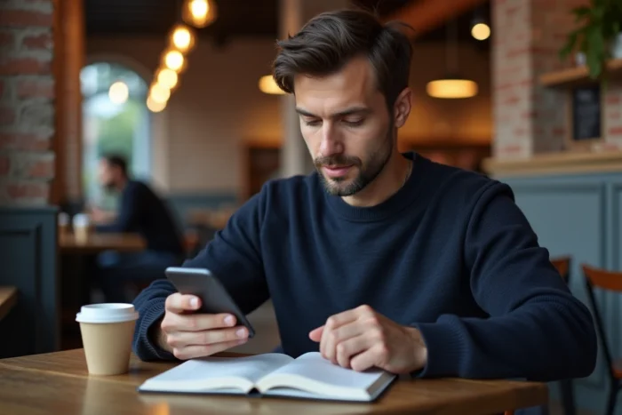 Homme lisant les tendances et nouveautés d'un blog sur son smartphone dans un café urbain