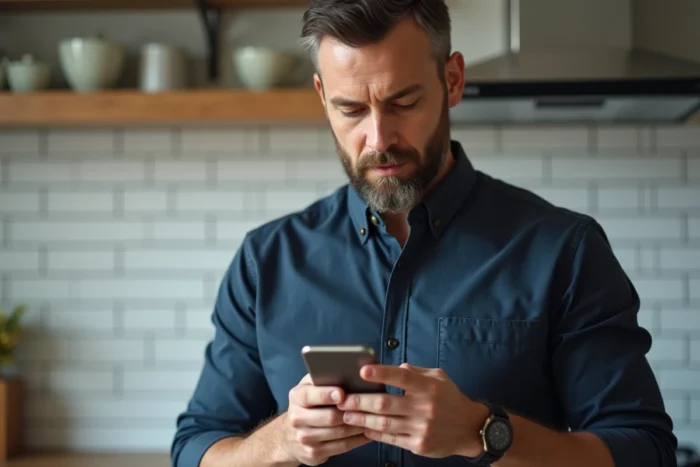 Homme consultant son smartphone pour transférer un solde Amazon depuis son domicile